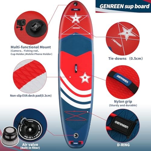 Genreen Stand up Paddle Board Inflatable 11'34'' Navy Blue Red Extremely Stable Thickened PVC 3 Fins 450LBS Capacity 3 People Tie-Downs2 Double Layer - Thumbnail 5