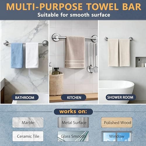 Dovyn No-Drill Stainless Steel Suction Cup Towel Bar, Adjustable 14.6–24 Inch Bathroom Towel Rack for Glass Shower Door & Tile Wall, Heavy Duty Wall Mounted Towel Holder(Silver) - Thumbnail 6