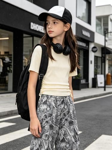AMAWMW Girls Clothes Summer Outfits Short Sleeve Ruched T-Shirt Tops and Camo Cargo Pants 2Pcs Teen Clothing White 15-16Y - Thumbnail 3