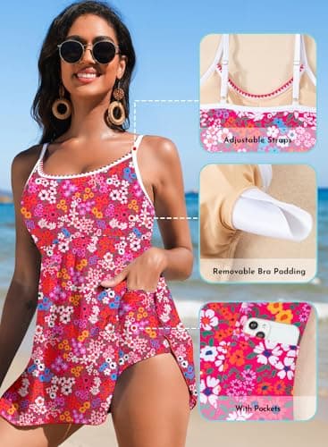 Aleumdr Women's One Piece Swimsuit Floral Print Shell Stitch Swimsuits Tummy Control Scoop Stretchy Modest Bathing Suits with Pocket Rose Small - Thumbnail 4