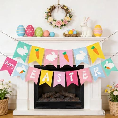 Happy Easter Banner for Fireplace,Bunny Carrot Banner Indoor Outdoor Easter Decorations, Easter Themed Party Supplies for Home, Wall, Office School Classroom Easter Banner Decor - Thumbnail 3