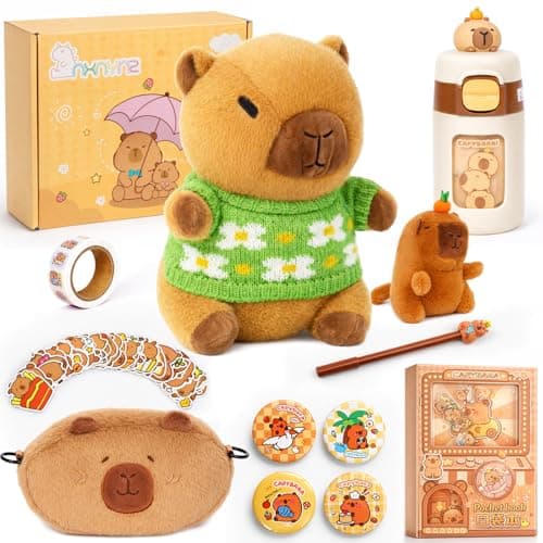 NXNYNZ Capybara Plush for Kids 4 5 6 7 8 9 10+ Year Old Birthday Cute Capybara Plush Set with Stuffed Animal/Cup/Notebook/Bag/Pen/Stickers/Badge/Keychain