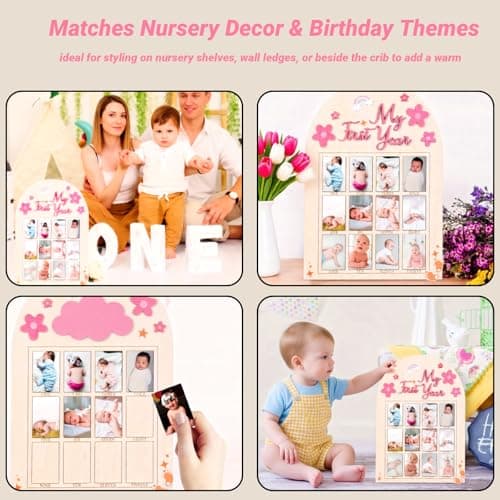 DegoCyhton My First Year Photo Frame, Wooden 12 month picture frame for baby first year, Easy Photo Insert, Smooth Safe Edge, With Hang Hooks, For 0-12 Month Newborn, Baby Birthday Keepsake Gift - Thumbnail 4