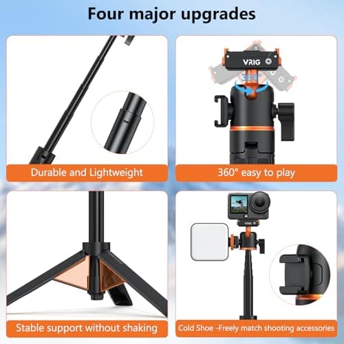 VRIG Action Camera Selfie Stick Tripod for DJI Osmo Nano/Action 6, Dual-Direction Magnetic Quick Release Adapter 360° Ball Head & Cold Shoe Mount, 8 to 21 inches Extendable Rod, AC-40N - Thumbnail 6