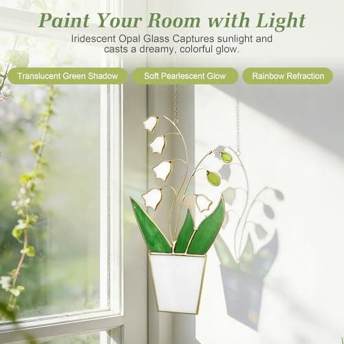 Real Stained Glass Lily of The Valley Suncatcher - Lifelike 3D Sculptural Floating Flowers Window Hanging, Tiffany-Style Premium Gold-Tone Finish, May Birth Flower & Plant Lover Gift for Grandma, Mom - Thumbnail 4