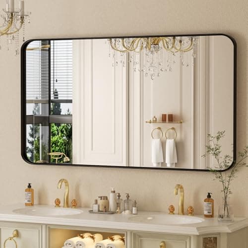 Venlus 55×30 Black Vanity Mirror for Bathroom Sink - Rectangle Aluminum Frame Mirror with Tempered Glass & Rounded Corners for Living Room, Hallway, Horizontal/Vertical, Home Decor - Thumbnail 3