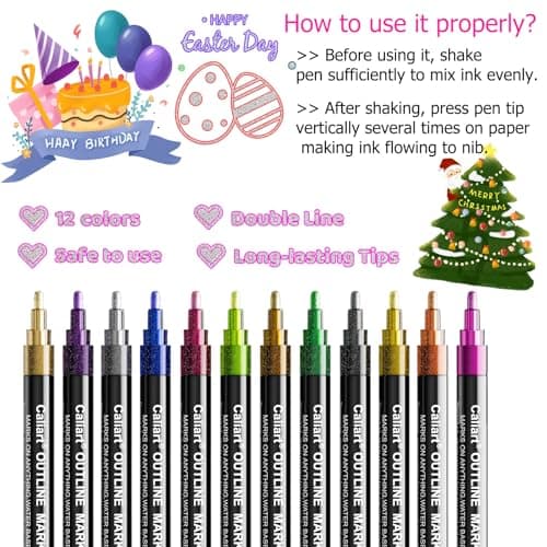 Caliart 12 Colors Outline Markers Shimmer Glitter Pens - Thumbnail 5