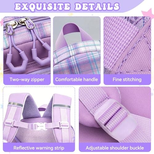 HZWLFA Backpack for Girls,Cute Plaid Backpack,Preppy Bookbag for Elementary & Middle School Students,Large Capacity School Bag,17 Inch,Purple - Thumbnail 4