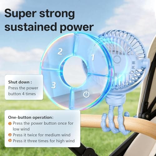 AMORMIYA Portable Battery Powered Stroller Fan with Flexible Tripod, Blue - Thumbnail 6