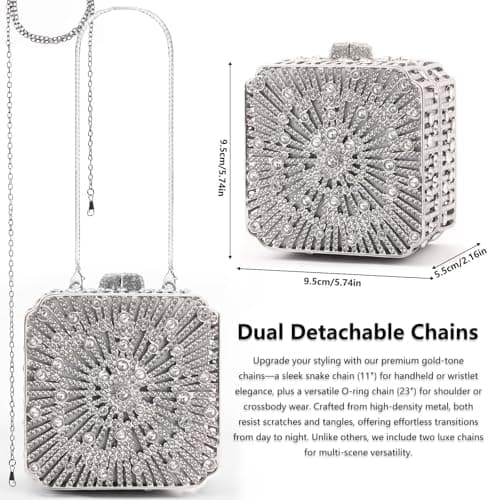 YONATUTRO Luxury Silver Rhinestone Clutch Purse for Women - Mini Evening Bag with Detachable Chain for Wedding Formal Party Prom - Thumbnail 5