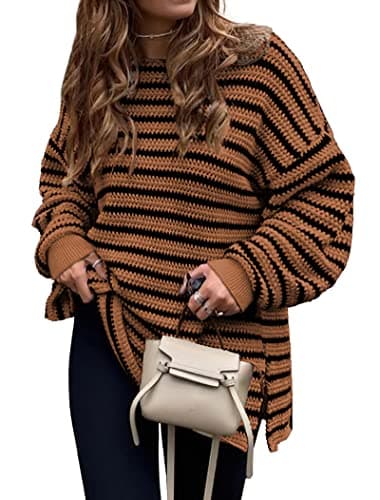 KIRUNDO Women's 2026 Fall Winter Oversized Long Sleeve Striped Sweater Casual Crewneck Side Split Pullover Knit Tops(Brown, Medium) - Image 1