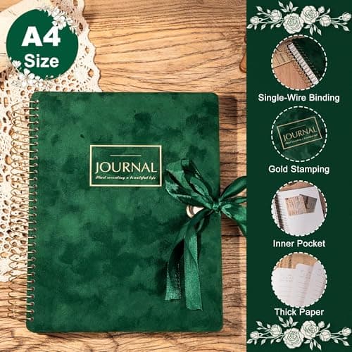 FLYING EAGLE 300 Pages Thick Spiral Notebook Journaling Notebooks Vintage Velvet Journal for Women Men A4 Lined Journals for Writing with Gift Box, 8.5 x 11in, Green - Thumbnail 4