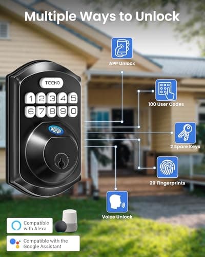 TEEHO TE012W-H WiFi Keypad Door Lock with Handle Set, Fingerprint Smart Locks, Front Door Keyless Entry, APP Remote & Voice Control, Digital Deadbolt with 2 Keys, Auto-Lock, Easy Install, Matte Black - Thumbnail 2