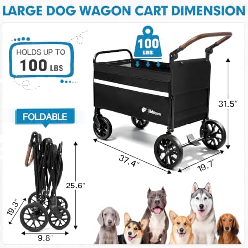 Libbipaw Dog Wagon for Medium & Large Dogs, Foldable All-Terrain Dog Stroller Wagon with Ramp, Adjustable Handle, One-Step Brake, Heavy Duty Pet Wagon (Black) - Thumbnail 6