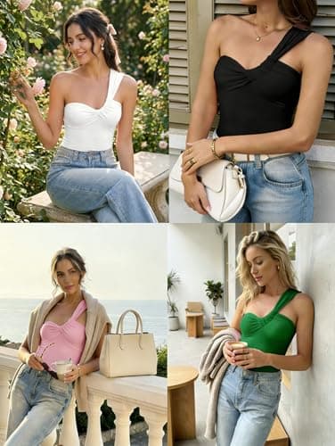 Yousify Womens One Shoulder Tank Tops Ribbed Knit Sleeveless Shirts Summer Y2K Fitted Tops Black - Thumbnail 6