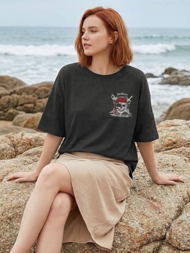 Pirate Shirt Women Vintage Graphic Oversized Skeleton Shirt Funny Casual Skull Short Sleeve Top - Thumbnail 6