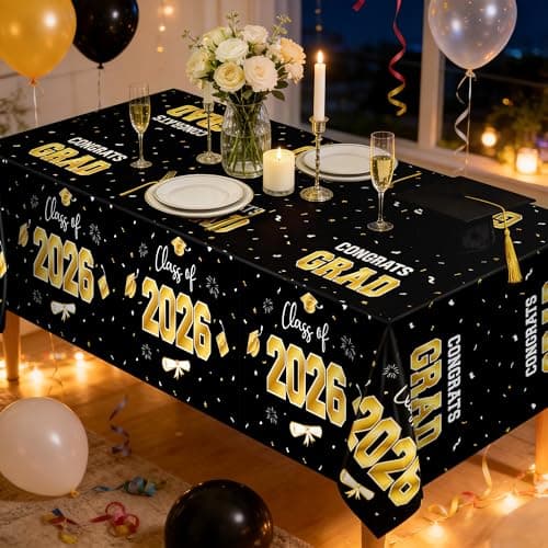 QZYL 4 Pack Graduation Decorations, 54" x 108" Black and Gold Rectangle Graduation Table Cloths, Plastic Tablecloth for College Congrats Grad, Disposable Grad Party Decorations for Class of 2026 - Thumbnail 3