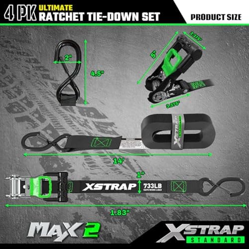 XSTRAP STANDARD 4PK Motorcycle Tie Down Straps - 1" x 15ft, 2,200lb Break Strength, Soft Loop Straps with Safety Lock S Hooks, Black Loops & Stickers, for Moving, Trucks, Cargo, Lawn Equipment, Black - Thumbnail 4