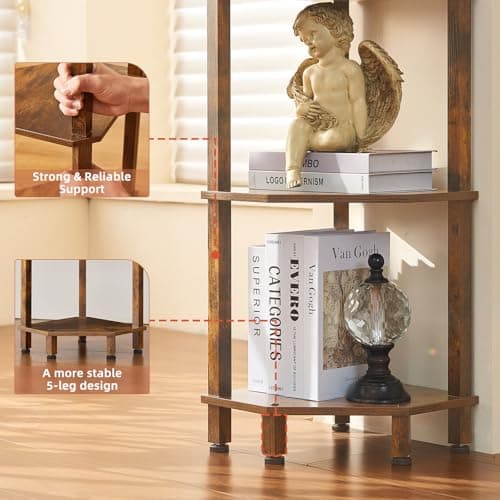 YUFAM 5-Tier Corner Shelf with Sturdy 5-Leg Base, 52in Tall Narrow Bookcase for Small Spaces, Wooden Plant Display Shelf, Thin Bookshelf for Living Room, Bedroom, Office, Brown - Thumbnail 4