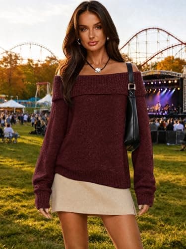 ATHMILE Womens Off The Shoulder Sweaters Oversized Batwing Sleeve Loose Pullover Fall Outfits Winter Fashion Tops 2026 Wine Red - Thumbnail 4