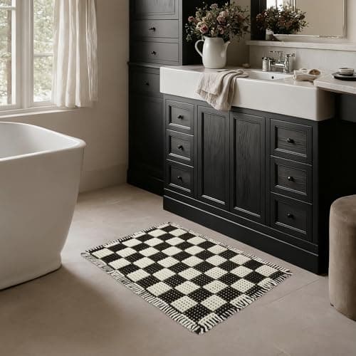 MatEssenz Checkered Bath Mat 20"x30", Black and White Waffle Weave Bathroom Rug with Tassels, Non-Slip & Quick Dry Bath Rugs for Shower, Machine Washable, Skin-Friendly & Pet Safe Boho Decor - Thumbnail 3