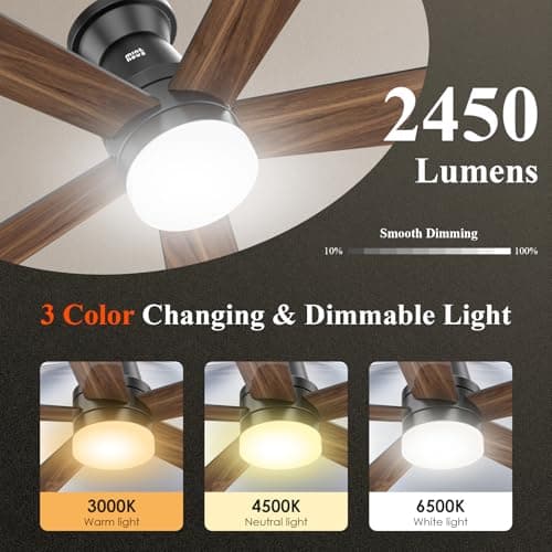 Minthouz Ceiling Fans with Lights, 42 inch Ceiling Fan with Light with APP/Remote Control, 6000K Dimmable LED, Modern Flush Mount Ceiling Fan for Indoor Bedroom Living Room, DC Reversible, Black - Thumbnail 5