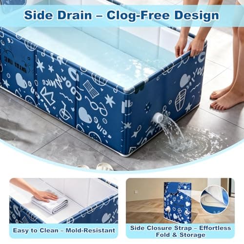 Baby Bathtub, 5-Layer Anti-Tear Foldable Toddler Bath Tub with Padded Bottom Drain Plug, Portable Collapsible Baby Bath for Travel, Shower, Sink, Indoor & Outdoor, 6 Months to 5 Years - Thumbnail 6