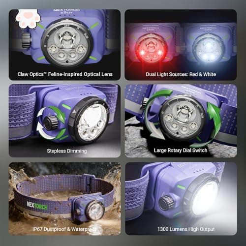 NEXTORCH eStar 1300 Lumens Headlamp Rechargeable, Running LED Headlight Extra Lightweight with Red Light, Waterproof Headband for Outdoor Camping Hiking Working, 2*1200 mAh, USB-C Charging, Purple - Thumbnail 2