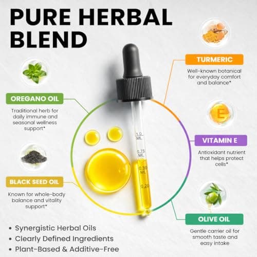 Oil of Oregano Drops with Black Seed Oil, Turmeric Oil, Vitamin E & Olive Oil Based, Immune Digestive Cleanse & Detox*, 80% Carvacrol Cold-Pressed Natural Aceite de Oregano, 2 Fl Oz, 8 Month Supply - Thumbnail 2