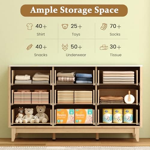 GlouMod Wood Dresser for Bedroom, 57" Long 9 Drawers Dresser with Marble White Top, Fluted Panel, Smooth Curve for Hallway, Natural Oak - Thumbnail 5