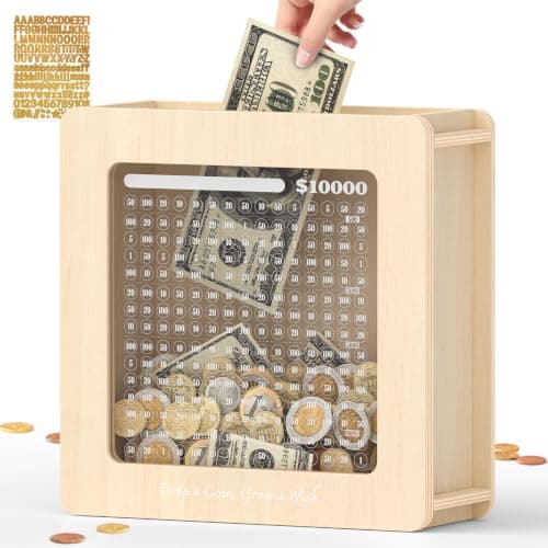 Summidate Wooden Money Saving Box: $10000 Challenge Cash Vault Piggy Bank - Image 1