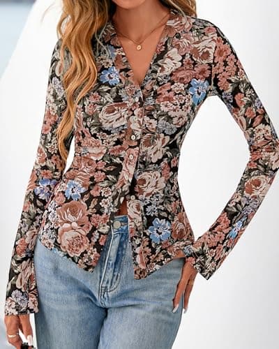 BTFBM Button Down Shirts for Women 2026 Spring Boho Tops V Neck Long Sleeve Blouses Ruched Mesh Fitted Fashion Clothing(Floral Black Orange, Large) - Thumbnail 2