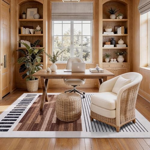 YIHOUSE 6x9 Washable Area Rugs for Living Room, Tan Black and White Striped Rug for Bedroom Non Slip Low Pile, Minimalist Modern Geometric Carpet for Entryway Room Office Home Decor - Thumbnail 3