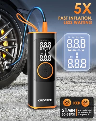 CUIOFREE Portable Tire Inflator for Car, Cordless Tire Inflator Portable Air Compressor with Digital Pressure Gauge,150PSI Dual Power, Portable Air Pump for Car Tires, Motorcycle, Bicycle, Bike, Ball - Thumbnail 2
