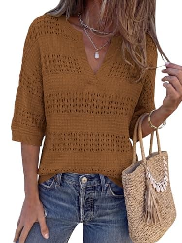 PRETTYGARDEN Summer V Neck Sweaters for Women Lightweight Short Sleeve Bohemian Crochet Top Swimsuit Cover Ups Clothing (Camel, XX-Large) - Image 1