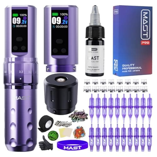 Mast Fold2 Pro Tattoo Kit, Cordless Complete Tattoo Gun Machine Kit, 2 Batteries 2000mAh Power Supply for Long Time, Needles Cartridges Black Tattoo Ink Kit (Purple) - Image 1