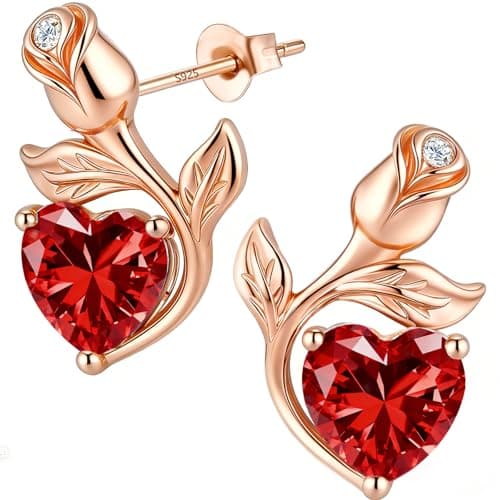 JACUPO 0.8CT Rose Heart Earrings Option of Sapphire Moissanite Stud Earrings Lab-Grown Earrings Birthstone Earrings for Women S925 Sterling Silver Post D Color VVS1 Clarity Ideal Gift for Wife Mother for Birthday Anniversary Valentine's Day Conveying I Love You Message (Jan/Jul Ruby Rose Gold)