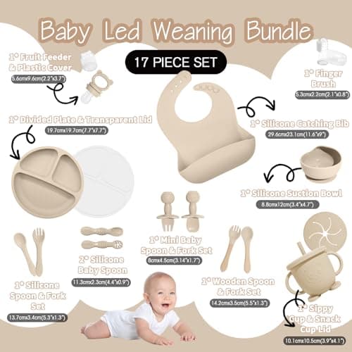 Baby Led Weaning Supplies, 17 Piece BPA-Free Silicone Feeding Set, Eating Essentials Baby Utensils with Suction Plate and Bowl, Pocket Bib, Sippy Cup with Lid, for 6+ Months, Beige - Thumbnail 2