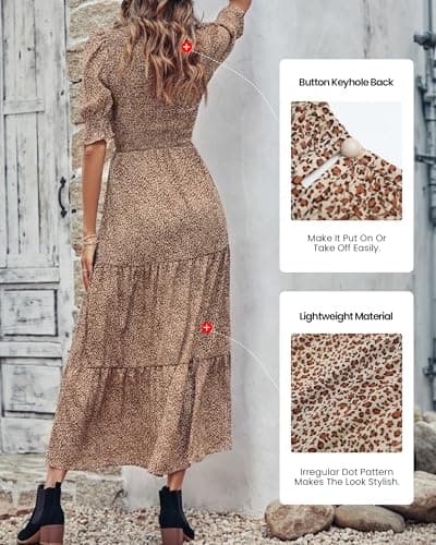 BTFBM Women Casual Summer Dresses 2026 Spring Crew Neck Ruffle Short Sleeve Smocked Floral Boho Flowy Maxi Dress Clothes(Dot Apricot Brown, X-Large) - Thumbnail 4