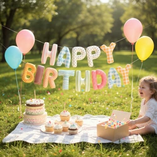 Vrukiaa Colorful Birthday Banner Foil Letter Balloon, 14 Inch 3D Plaid, Polka Dots, Stripes Patterned Reusable Mylar Foil Letters, Birthday Decorations (Birthday Banner 1) - Thumbnail 4