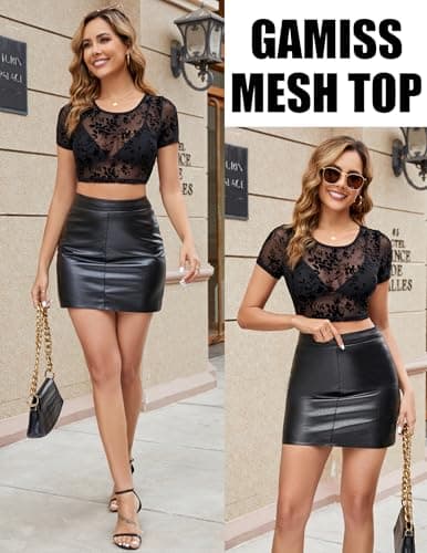 GAMMIS Woman Crew Neck Mesh Short Sleeve Top Sheer Neck Party Night Layer Tops Undershirt Mesh Tee Flower Print S - Thumbnail 6
