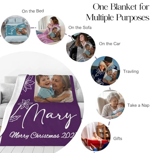 Sparklove Ships Next Day, Custom Blanket with Picture Text for Mom, Personalized Christmas Birthday Blanket with Name Birth Month Flowers, Customize Photo Throw Blankets for Adults, Grandma - Thumbnail 4