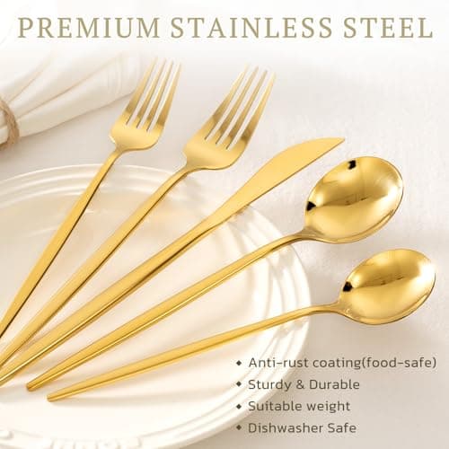 Astercook Silverware Set 48-Piece Gold Flatware Set with Steak Knives Food-Grade Stainless Steel Cutlery Set for 8 Mirror Polished Utensils Set for Home Kitchen Restaurant Valentine's Gift - Thumbnail 4
