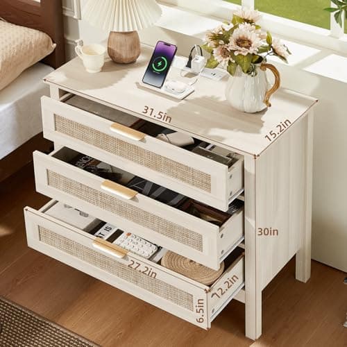 LEYAOYAO 31.5" Wide Rattan Night Stand with Charger Station, Large Boho 3 Drawer Nightstand, Grey White Bedside Table with Storage, 30" Tall Bed Side End Tables for Bedroom, Living Room, Hallway - Thumbnail 2