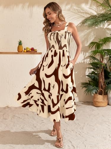 Lyrur Summer Dresses for Women Floral Boho Maxi Dress Tiered Ruffle Casual Beach Vacation Sundresses Pockets (Apricot Small) - Thumbnail 5