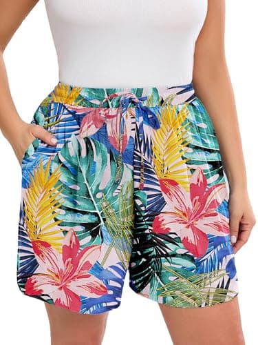 AusLook Plus Size Women's Casual Wide Leg Shorts 3X Tropic Affair Lightweight High Waisted Adjustable Tie Knot Loose Summer Baggy Short Pants with Pockets - Image 1