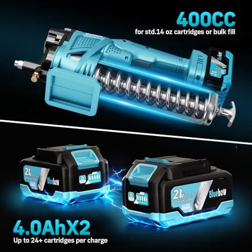 Bluebow Electric Grease Gun Kit, 12,000 PSI Max Pressure, 5.3 oz/min Flow Rate, Cordless Grease Gun Battery, 2X 4000 mAh Batteries, 39.4" Flexible Hose, Cyan - Thumbnail 6