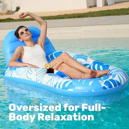 SLOOSH Pool Lounge Float Adult, Inflatable Pool Floats Lounger Raft Floaties Water Floating Recliner Chair with Cup Holders Foot Rest Swimming Floaty, Blue - Thumbnail 2