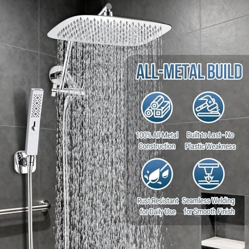G-Promise All Metal 12 Inches Rain Shower Head with Handheld Spray Combo Build-in Power Wash Mode, Ideal for Modern Bathroom Upgrade (1.8 GPM) - Thumbnail 4