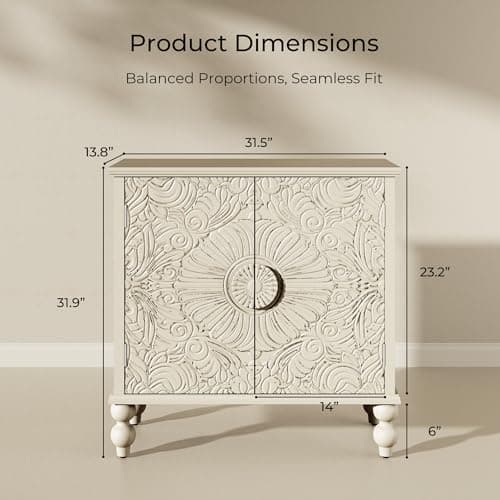 Furnivado Buffet Cabinet with Storage, Accent Cabinet with 2 Carved Doors, Solid Wood Sideboard with Adjustable Shelf, Vintage Cabinets for Kitchen, Living Room, Entryway, Beige - Thumbnail 2